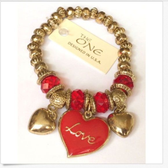 Gold Heart Charm Bracelet Red Enamel LOVE Chunky - Picture 3 of 8